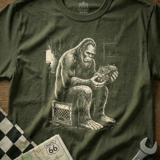 Sasquatch sits on a crate holding a carburetor in a workshop setting.