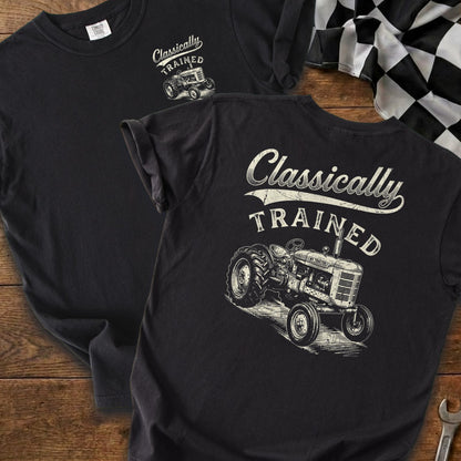 Black t-shirt with "Classically Trained" text and vintage tractor graphic.
