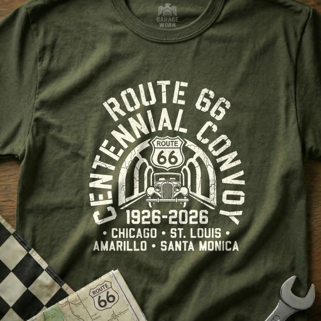 Olive t-shirt with Route 66 Centennial Convoy graphic, 1926-2026.