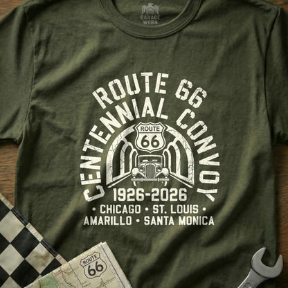 Olive t-shirt with Route 66 Centennial Convoy graphic, 1926-2026.