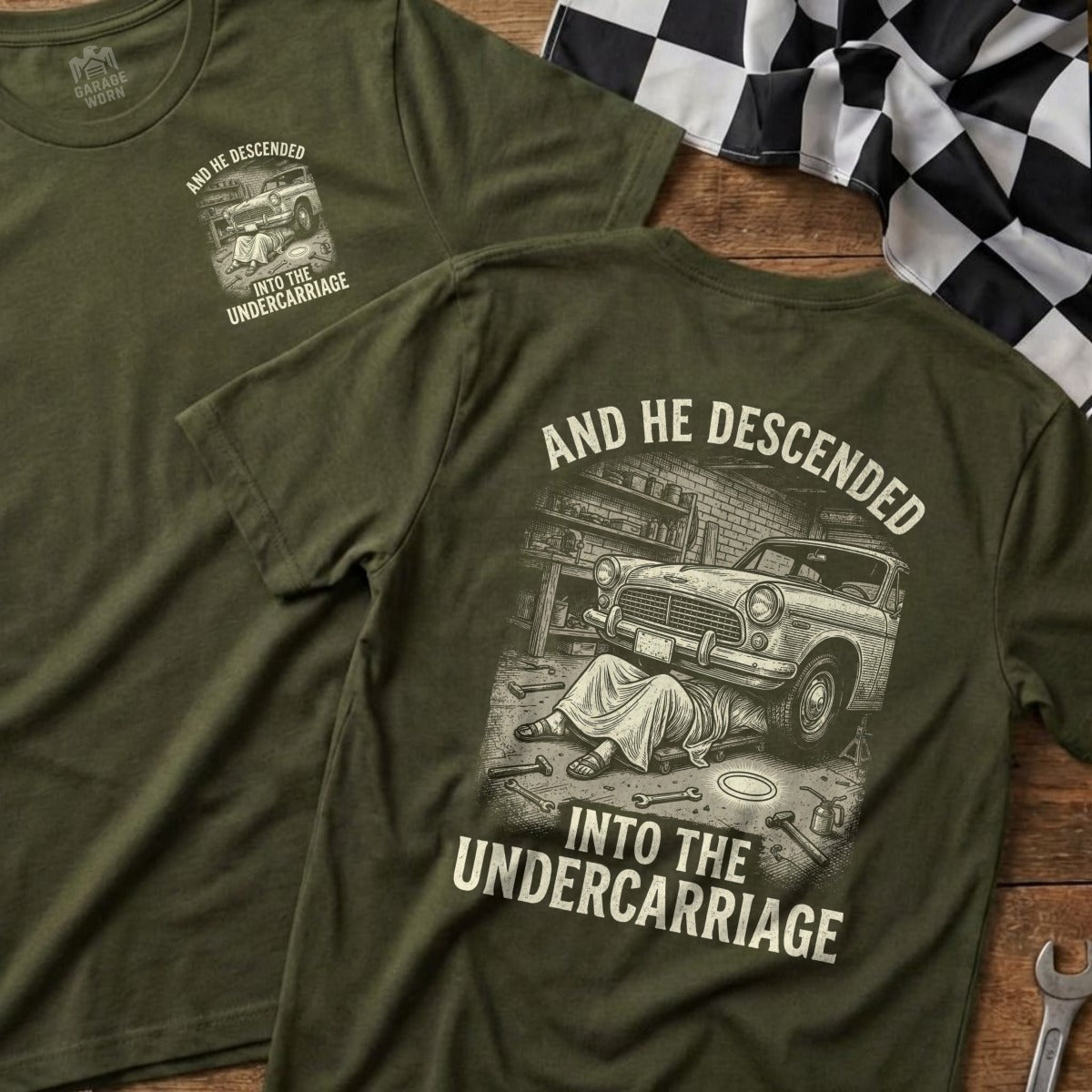Two olive green t-shirts with "AND HE DESCENDED INTO THE UNDERCARRIAGE" text and illustration.