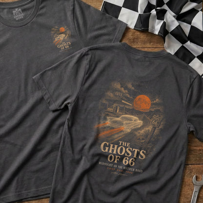 Dark gray t-shirt with "The Ghosts of 66" design featuring a vintage car.
