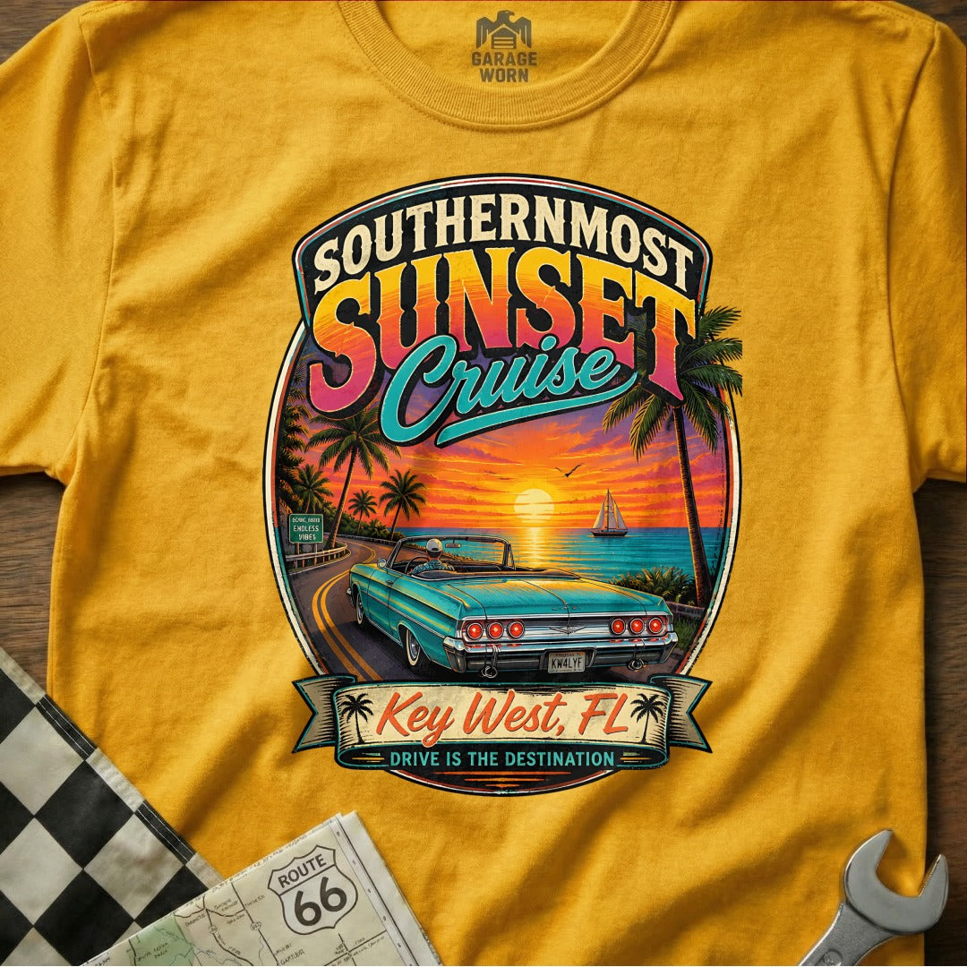 Key West, FL Southernmost Sunset Cruise design with a classic convertible and palm trees along the coast.