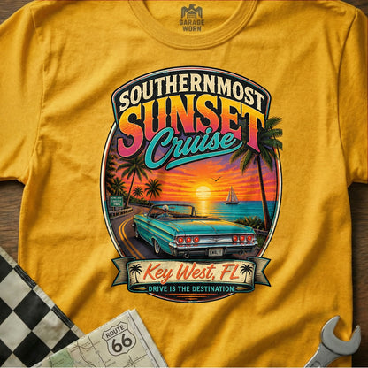 Key West, FL Southernmost Sunset Cruise design with a classic convertible and palm trees along the coast.