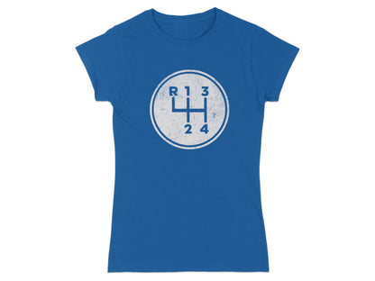 Blue t-shirt with a white circle graphic overlay of a manual transmission shift pattern.
