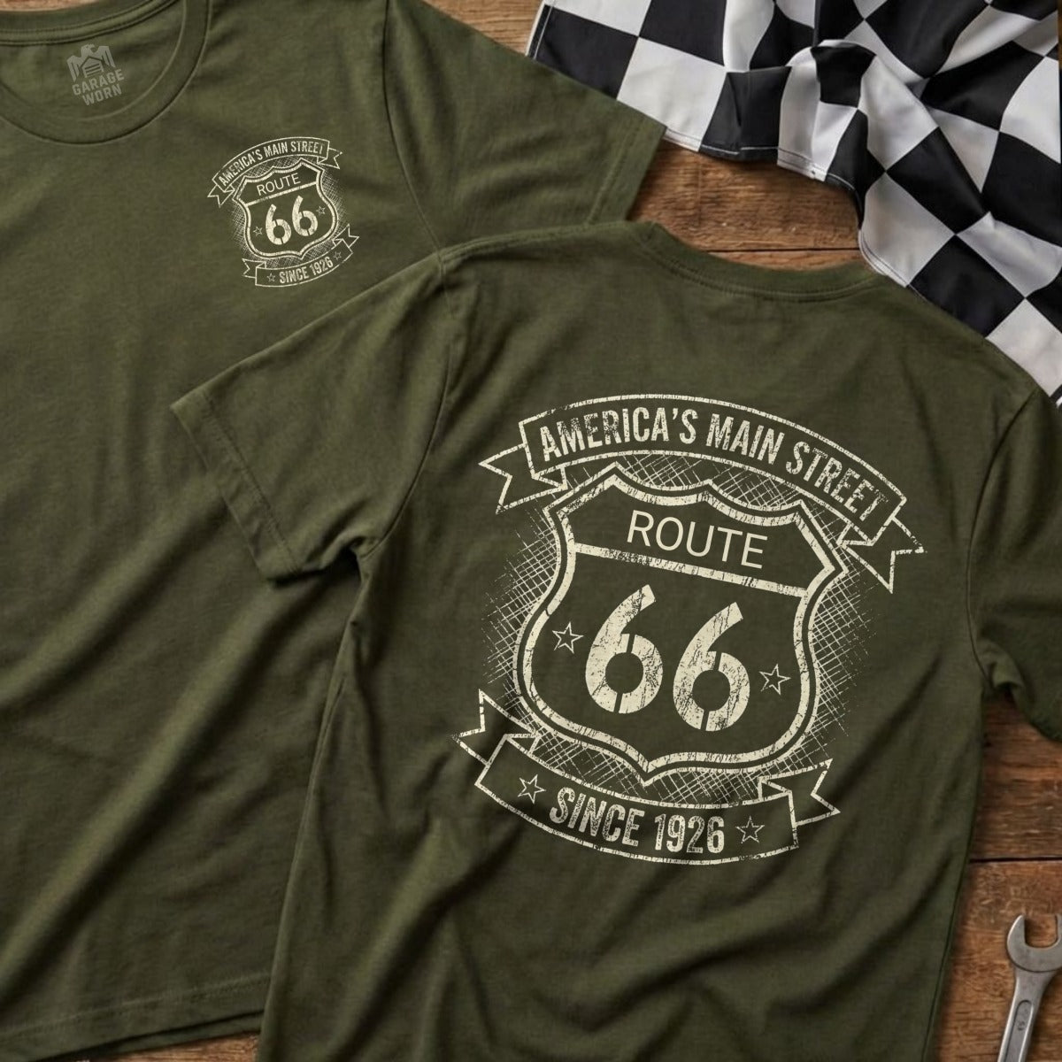 Olive green t-shirts with Route 66 "America's Main Street" graphic.