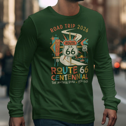 Green long sleeve shirt with "Route 66 Centennial" graphic featuring a road and motel.