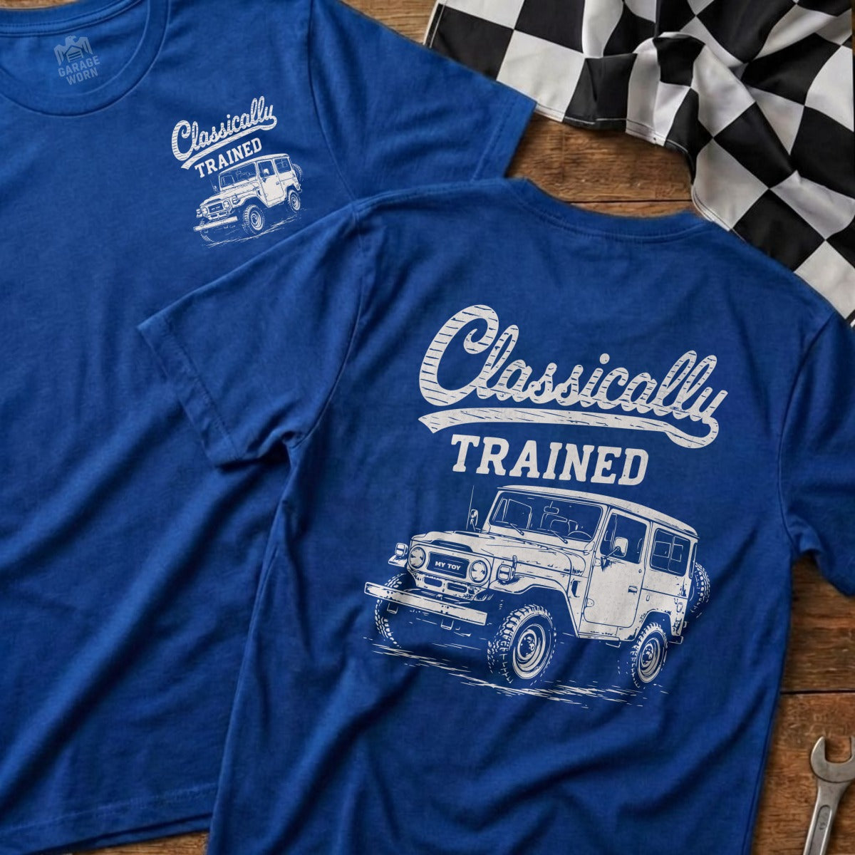 Blue t-shirts with white "Classically TRAINED" text and a classic Toyota Land Cruiser graphic.