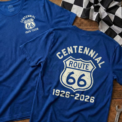 Blue t-shirt with Route 66 Centennial 1926-2026 logo.