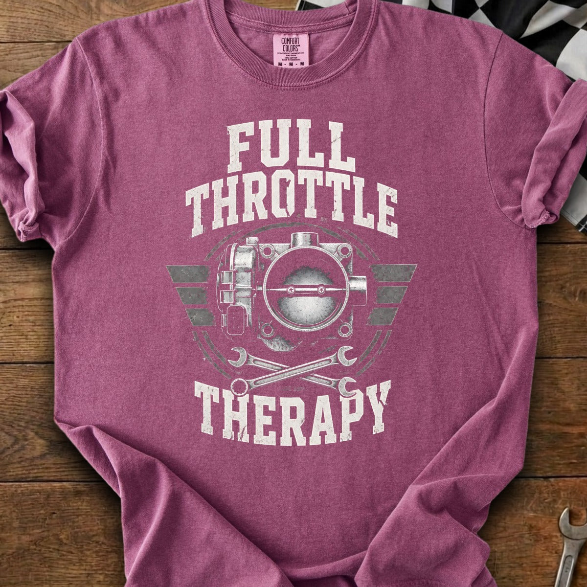 Maroon t-shirt with "Full Throttle Therapy" text and throttle body graphic.