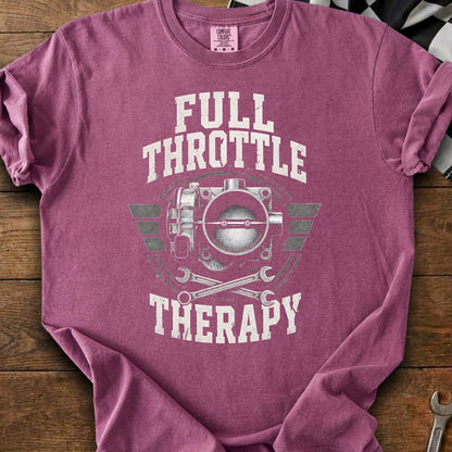 Maroon t-shirt with "Full Throttle Therapy" text and throttle body graphic.