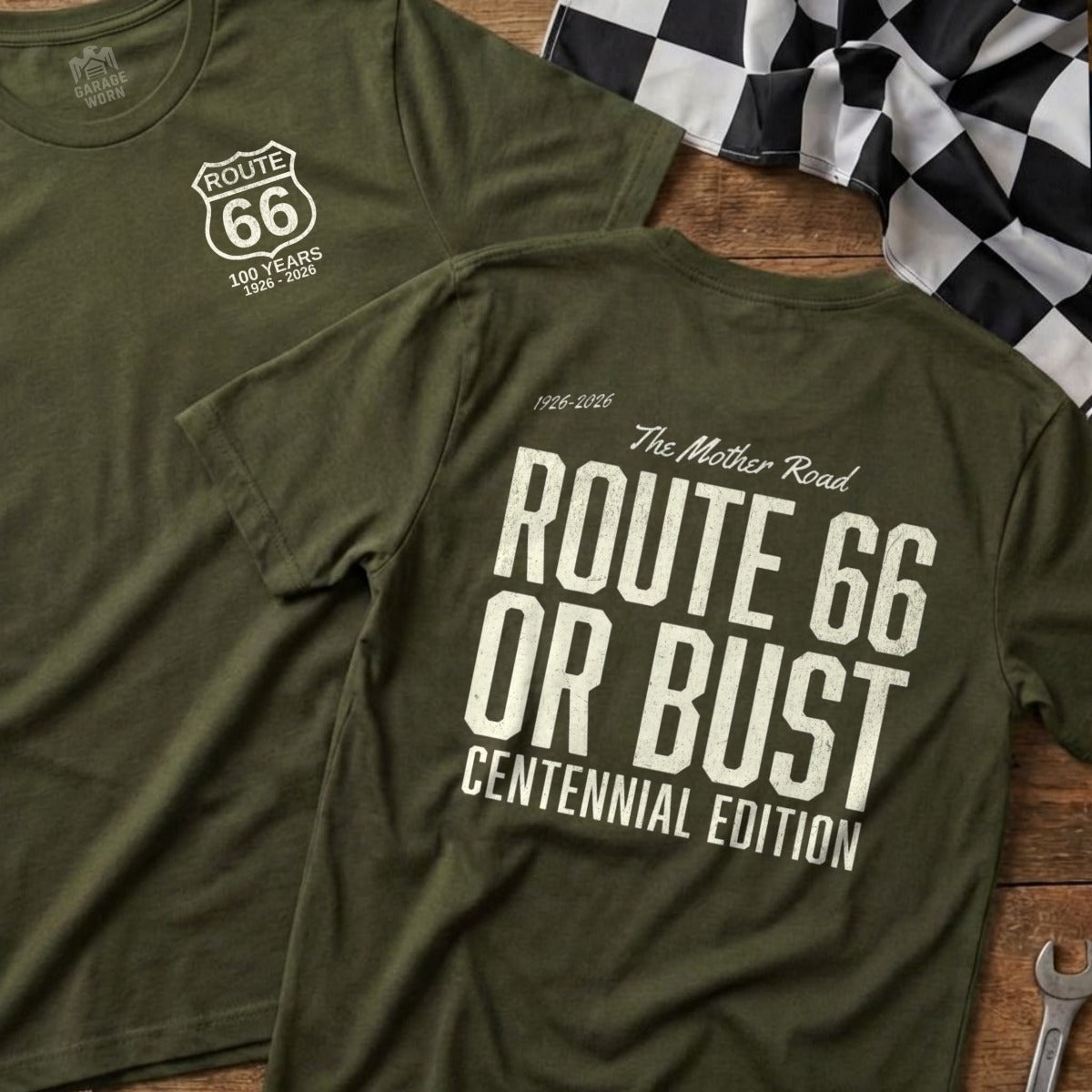 Two olive green t-shirts with Route 66 centennial edition graphics.