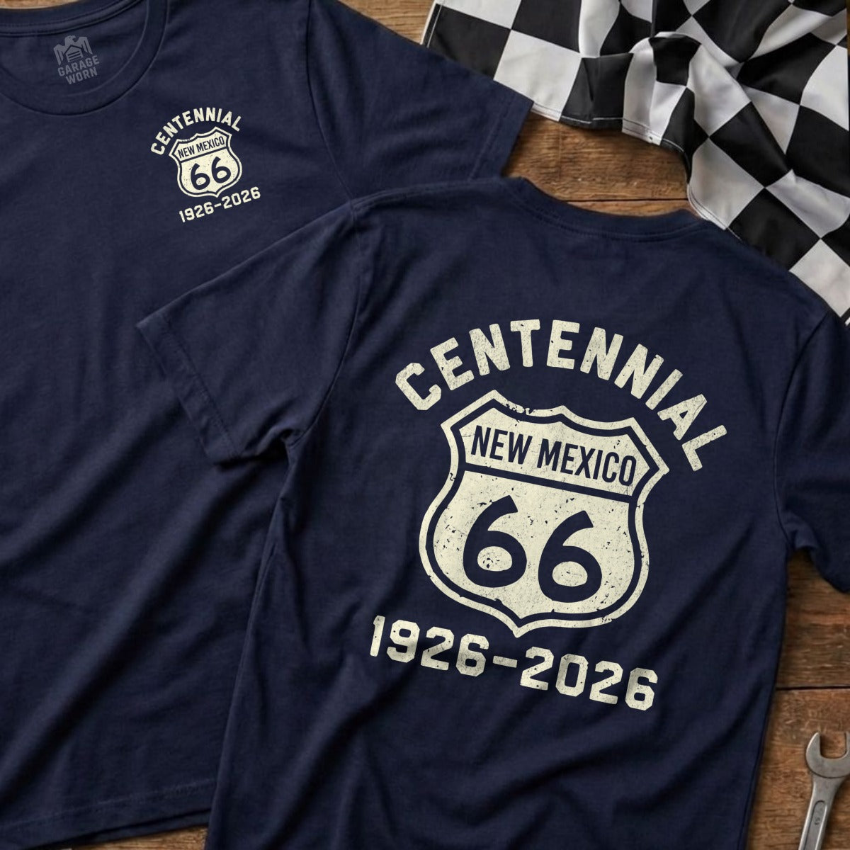 Navy t-shirt with "Centennial New Mexico Route 66 1926-2026" graphic.