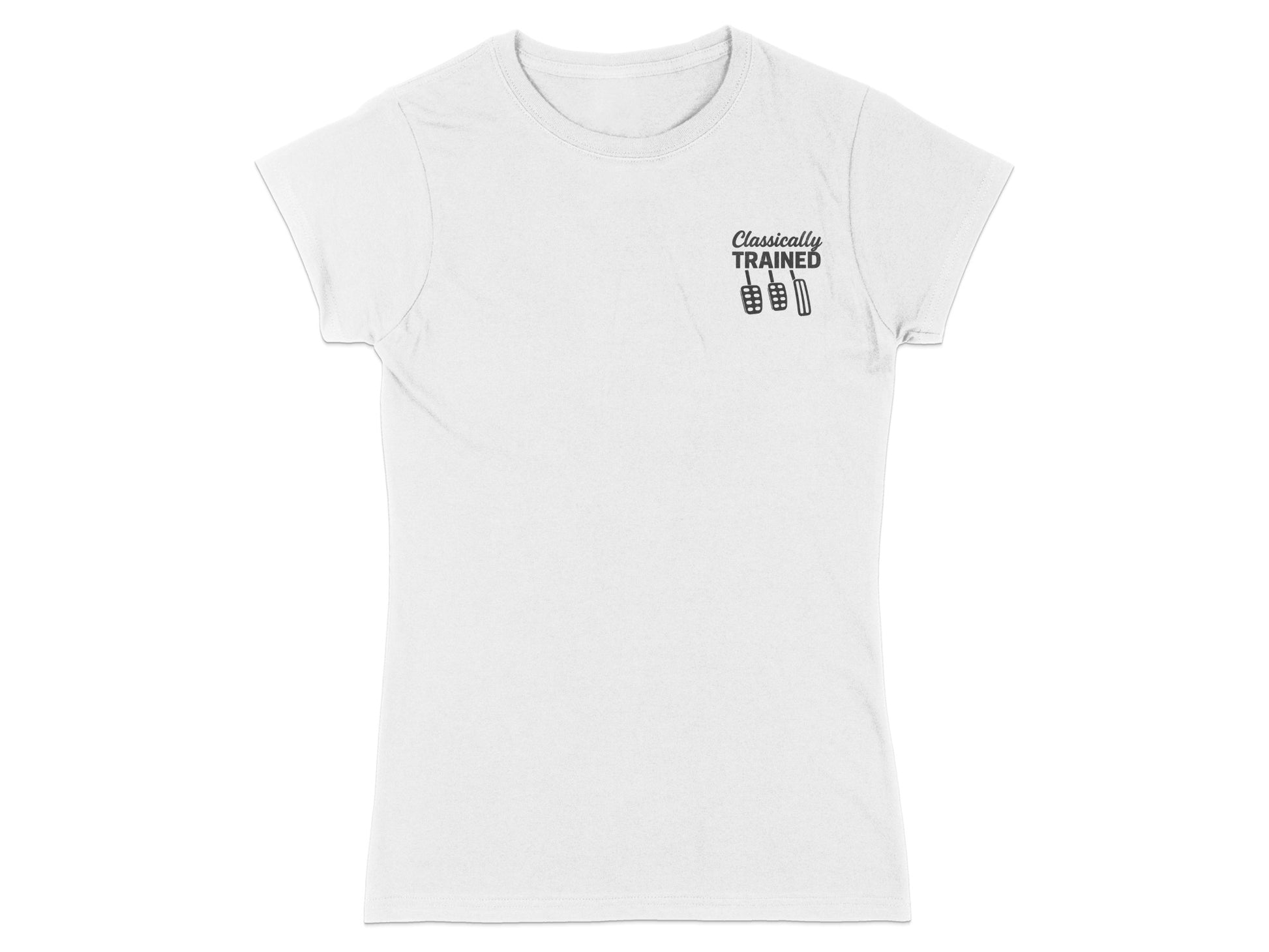 White t-shirt with "Classically Trained" and a pedal graphic.