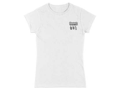 White t-shirt with "Classically Trained" and a pedal graphic.