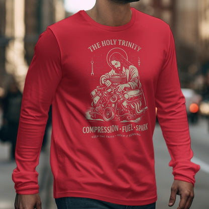 Red long-sleeve shirt with graphic of Jesus working on an engine.