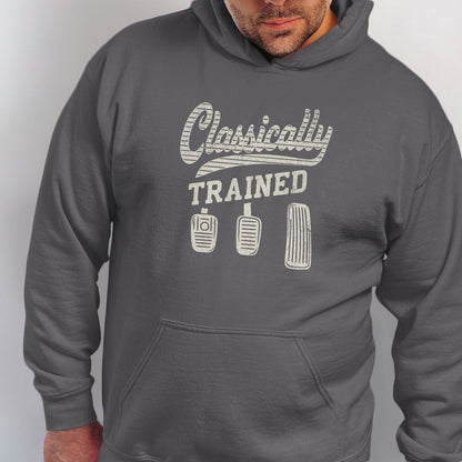 Men's grey hoodie with "Classically TRAINED" text and pedal graphics.