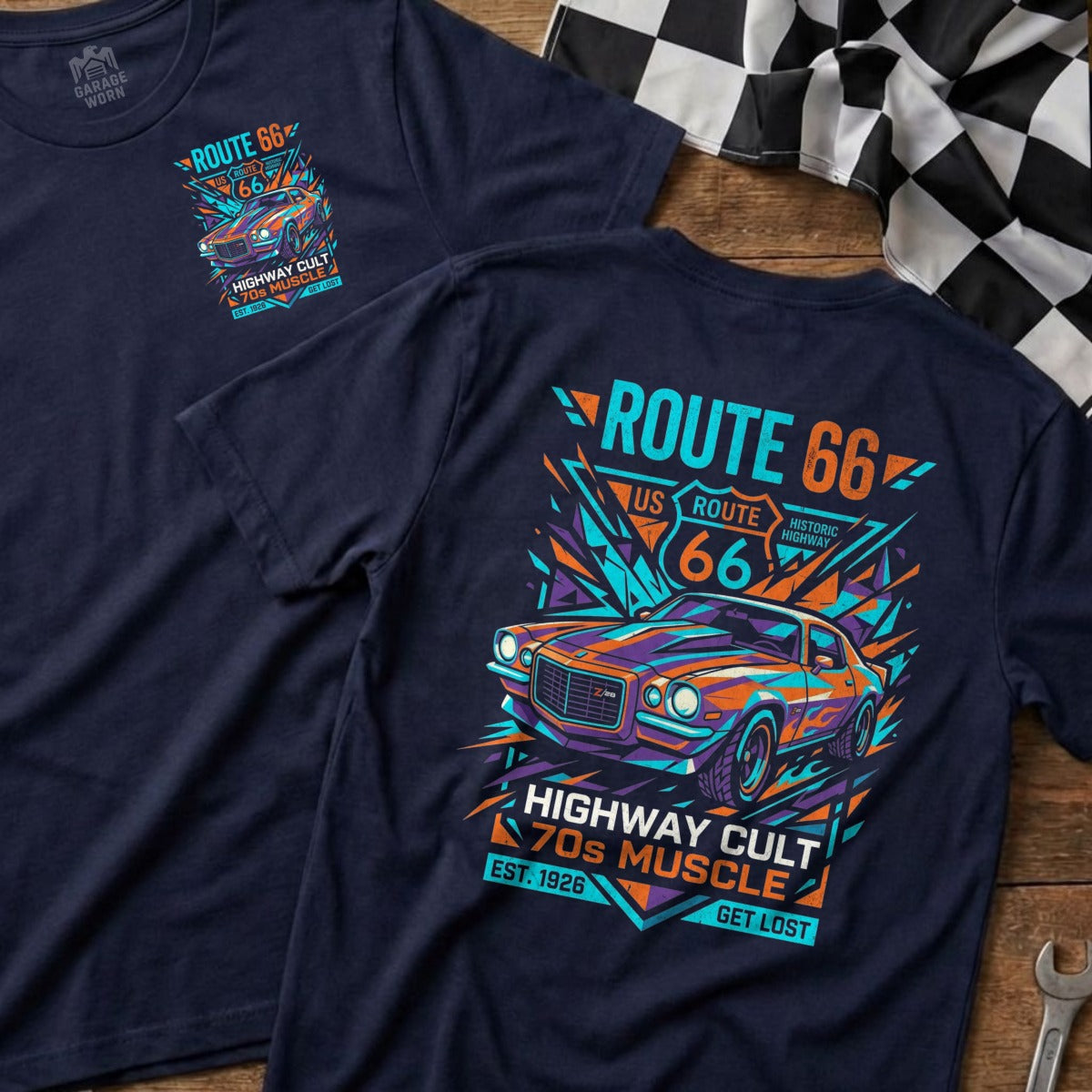 Route 66 70s muscle car graphic t-shirt design.