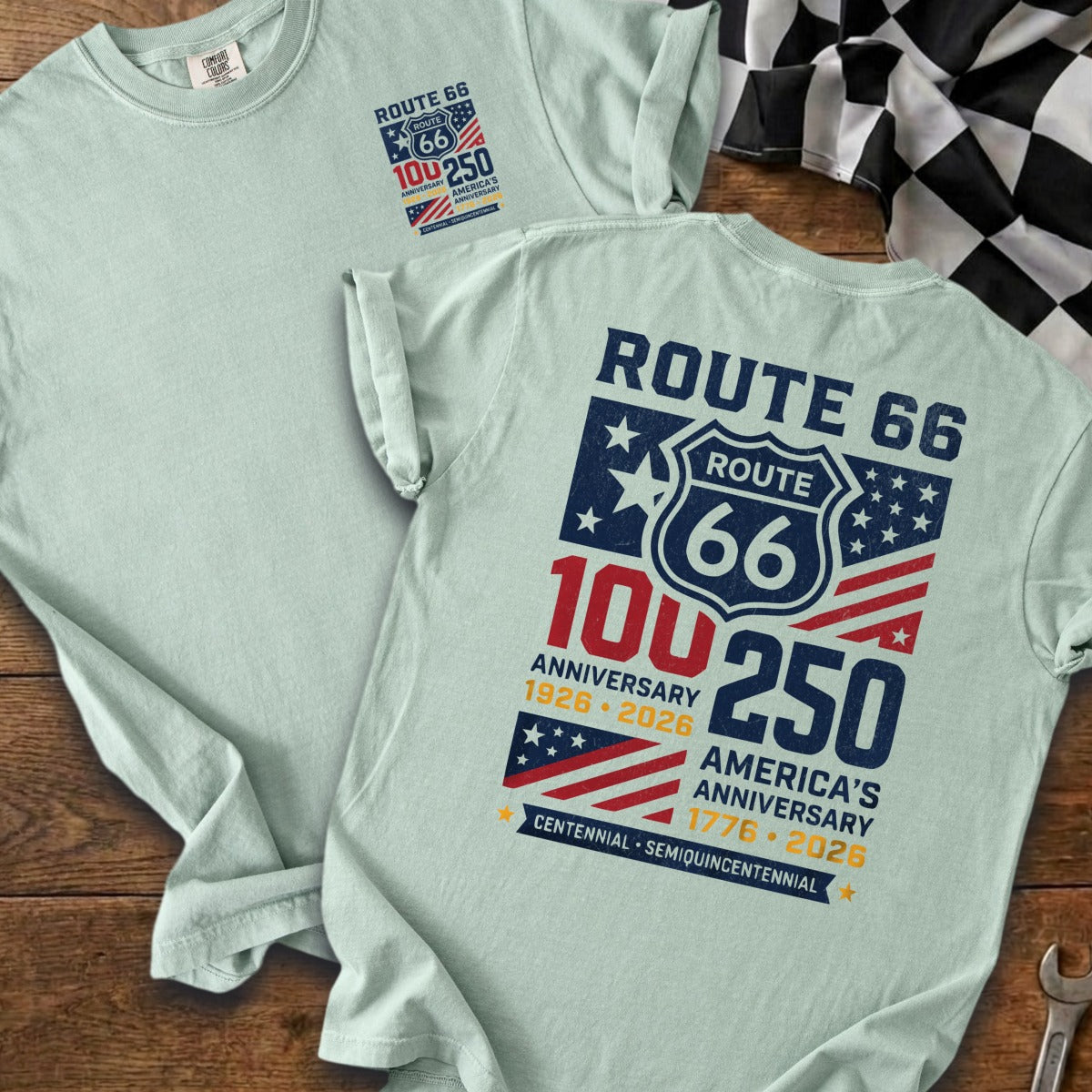 Light blue t-shirt with "Route 66 100th and America's 250th Anniversary" graphic.