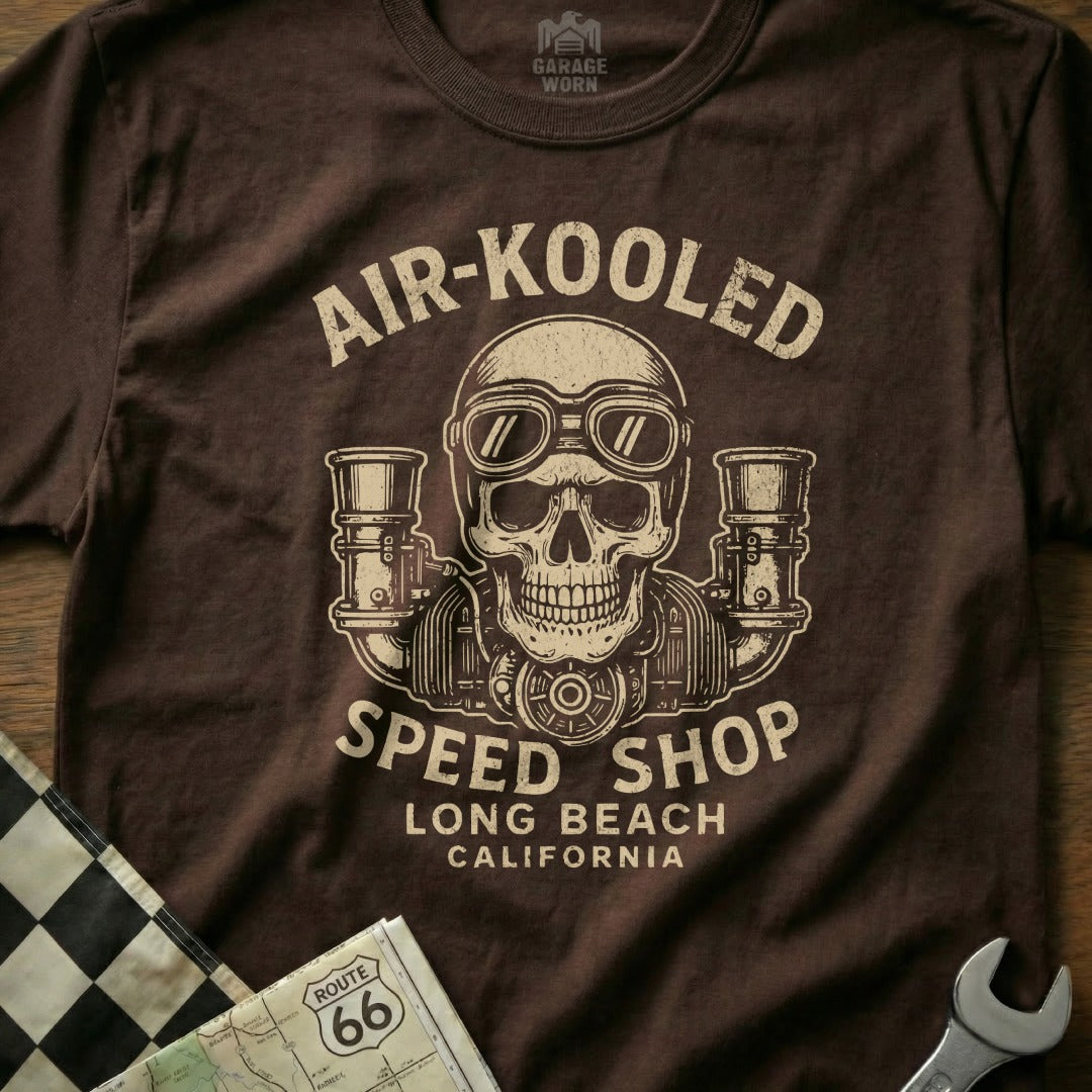 T-shirt with "AIR-KOOL'D SPEED SHOP LONG BEACH CALIFORNIA" and skull graphic.