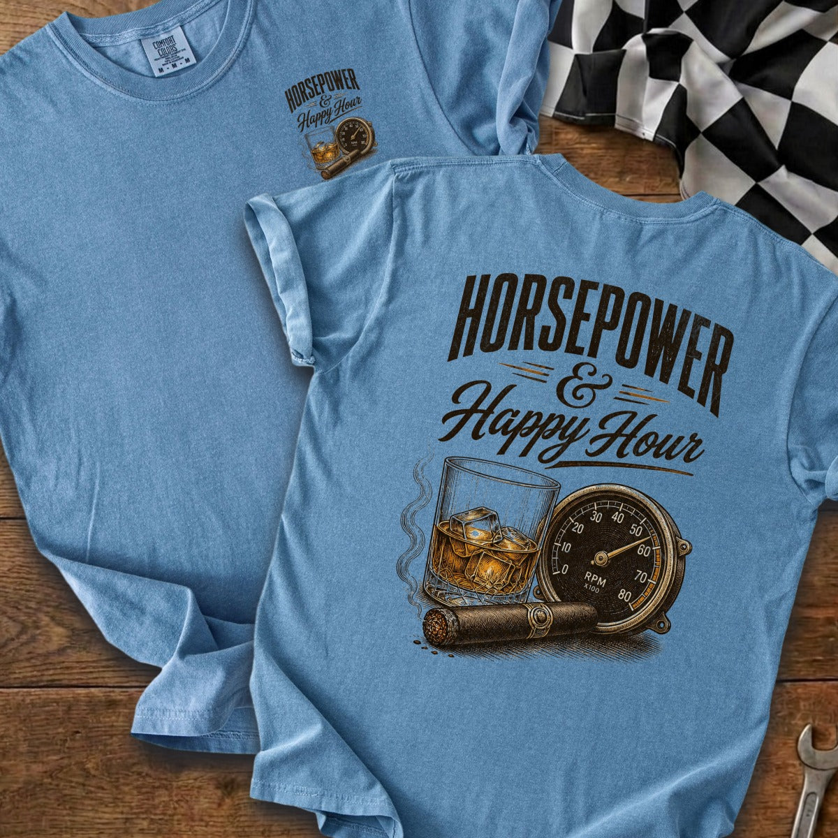Light blue t-shirt with "Horsepower & Happy Hour" graphic and racing paraphernalia.