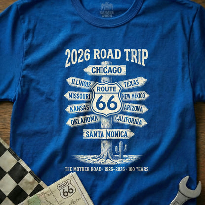 Blue t-shirt with Route 66 destinations and "2026 Road Trip" text.