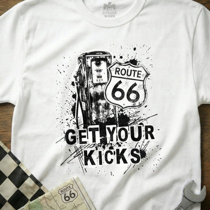 White t-shirt with Route 66 gas pump graphic and "GET YOUR KICKS" text.