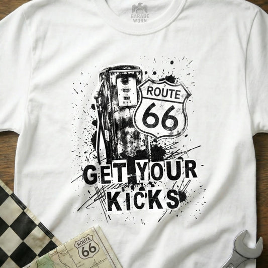 White t-shirt with Route 66 gas pump graphic and "GET YOUR KICKS" text.