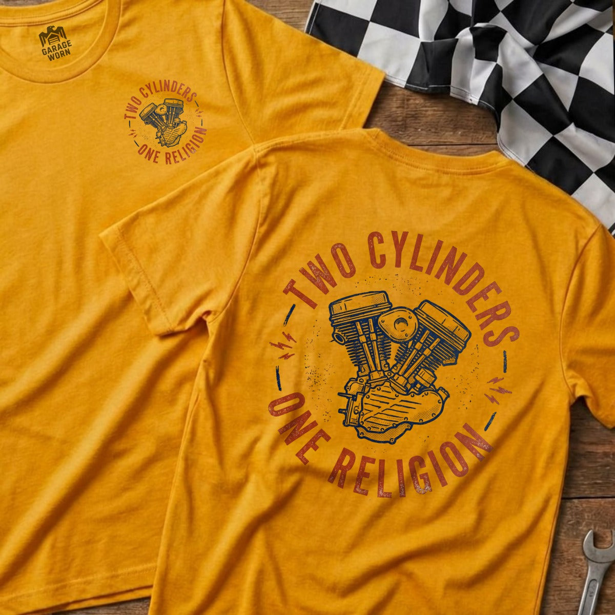 Yellow t-shirt with "Two Cylinders - One Religion" and engine graphic.