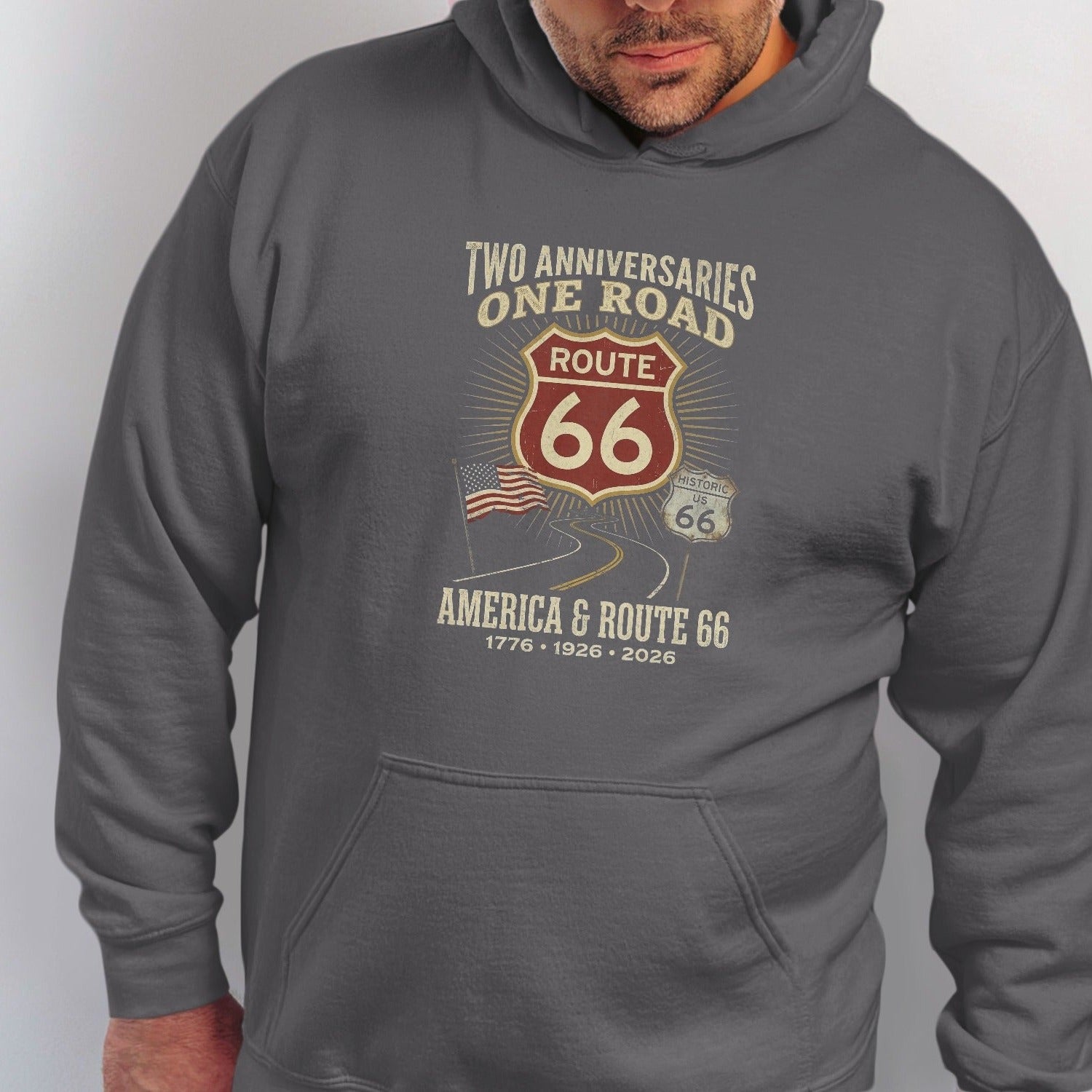 Dark grey hoodie with "Two Anniversaries One Road" and Route 66 graphic.
