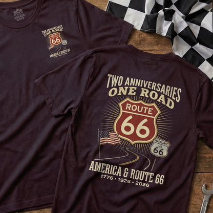 Maroon t-shirts with "Two Anniversaries, One Road, Route 66" design.