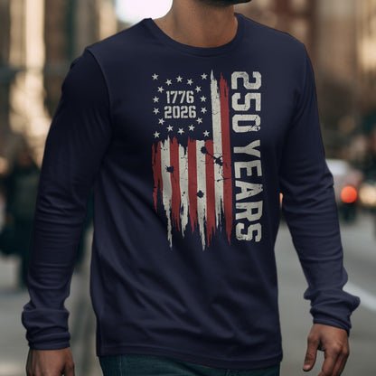 Long sleeve navy shirt with distressed American flag and "250 Years" text.