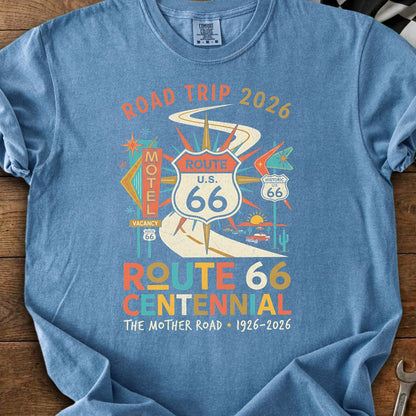 Route 66 Centennial 2026 road trip t-shirt with motel and vintage car graphics.