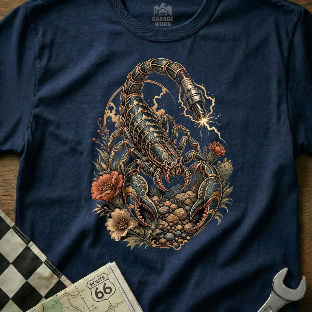 Scorpion with spark plug and flowers graphic on navy blue t-shirt.