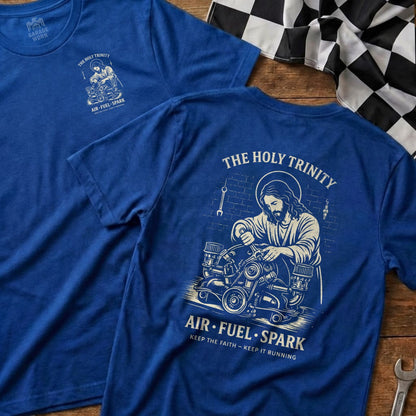 Blue t-shirt with "The Holy Trinity" and engine graphic, "Air Fuel Spark."