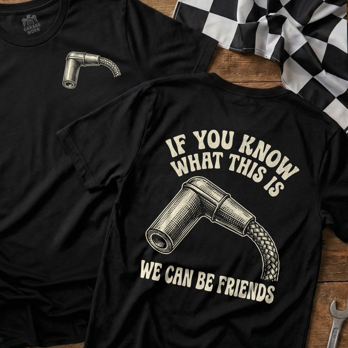 Black t-shirt with spark plug graphic and text "If you know what this is, we can be friends."