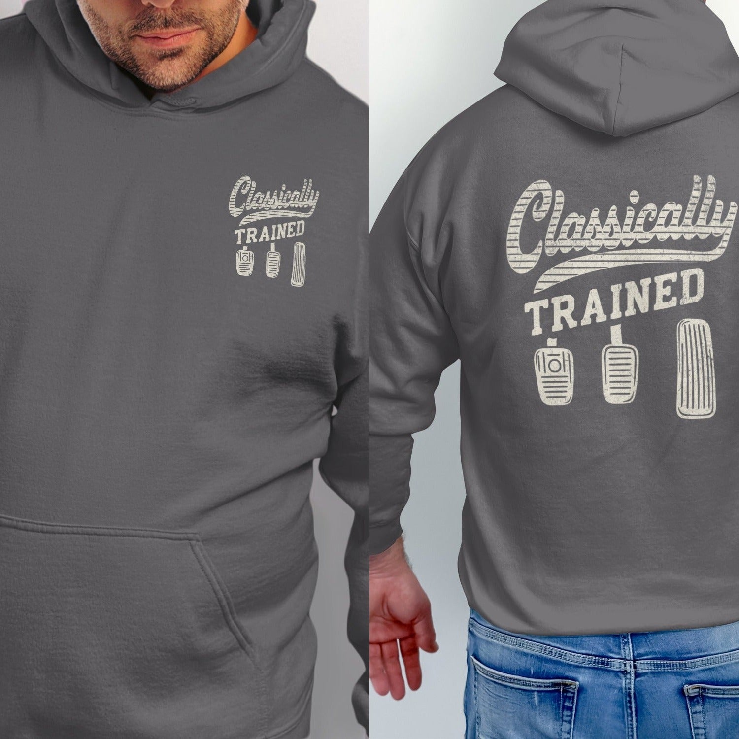 Dark gray hoodie with "Classically Trained" and three car pedals graphic.