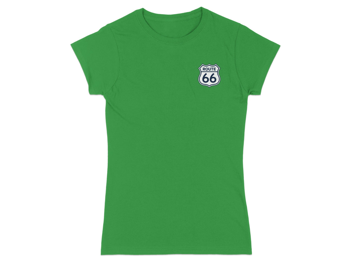 Green t-shirt with Route 66 logo on the chest.