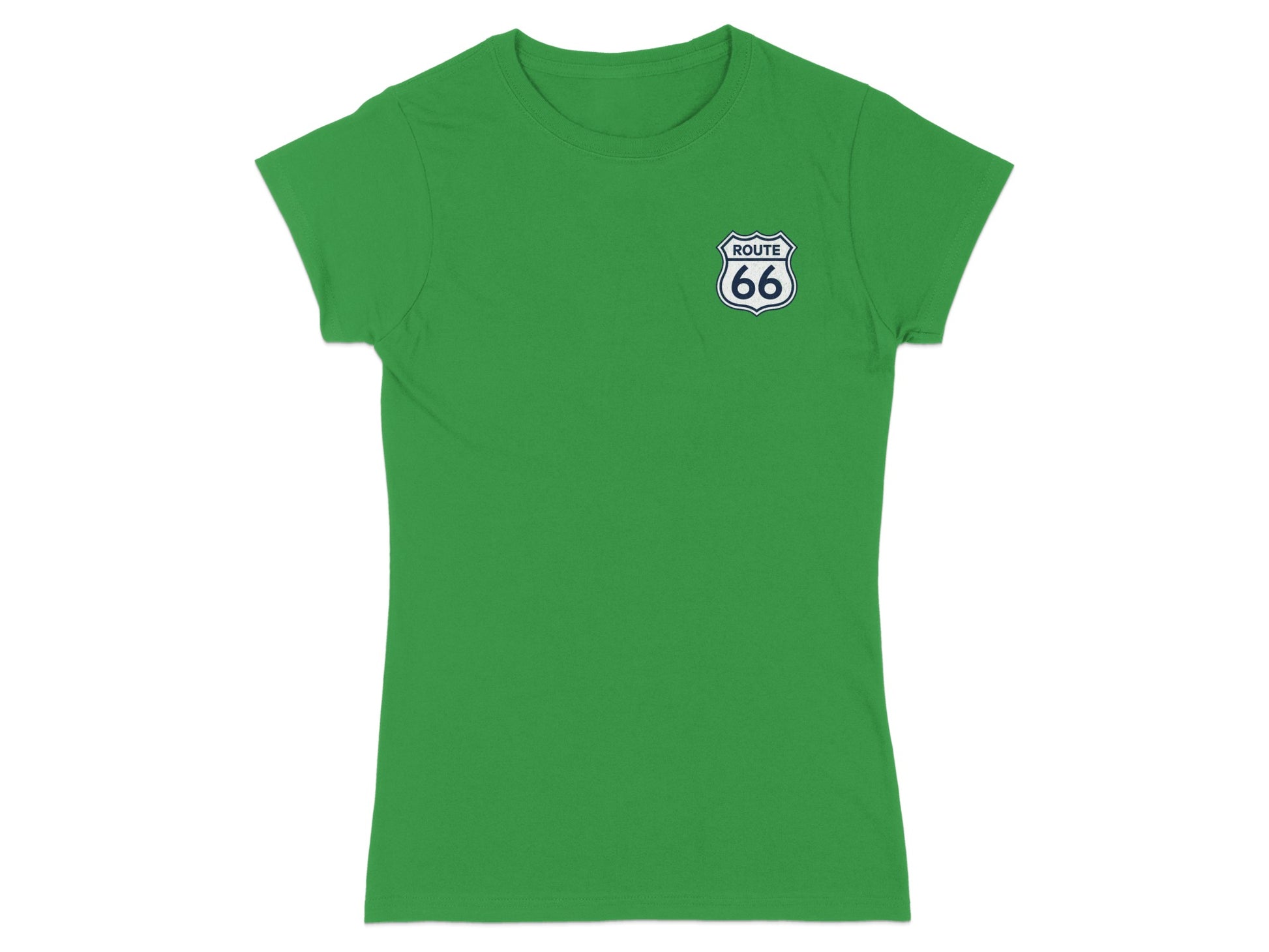 Green t-shirt with Route 66 logo on the chest.