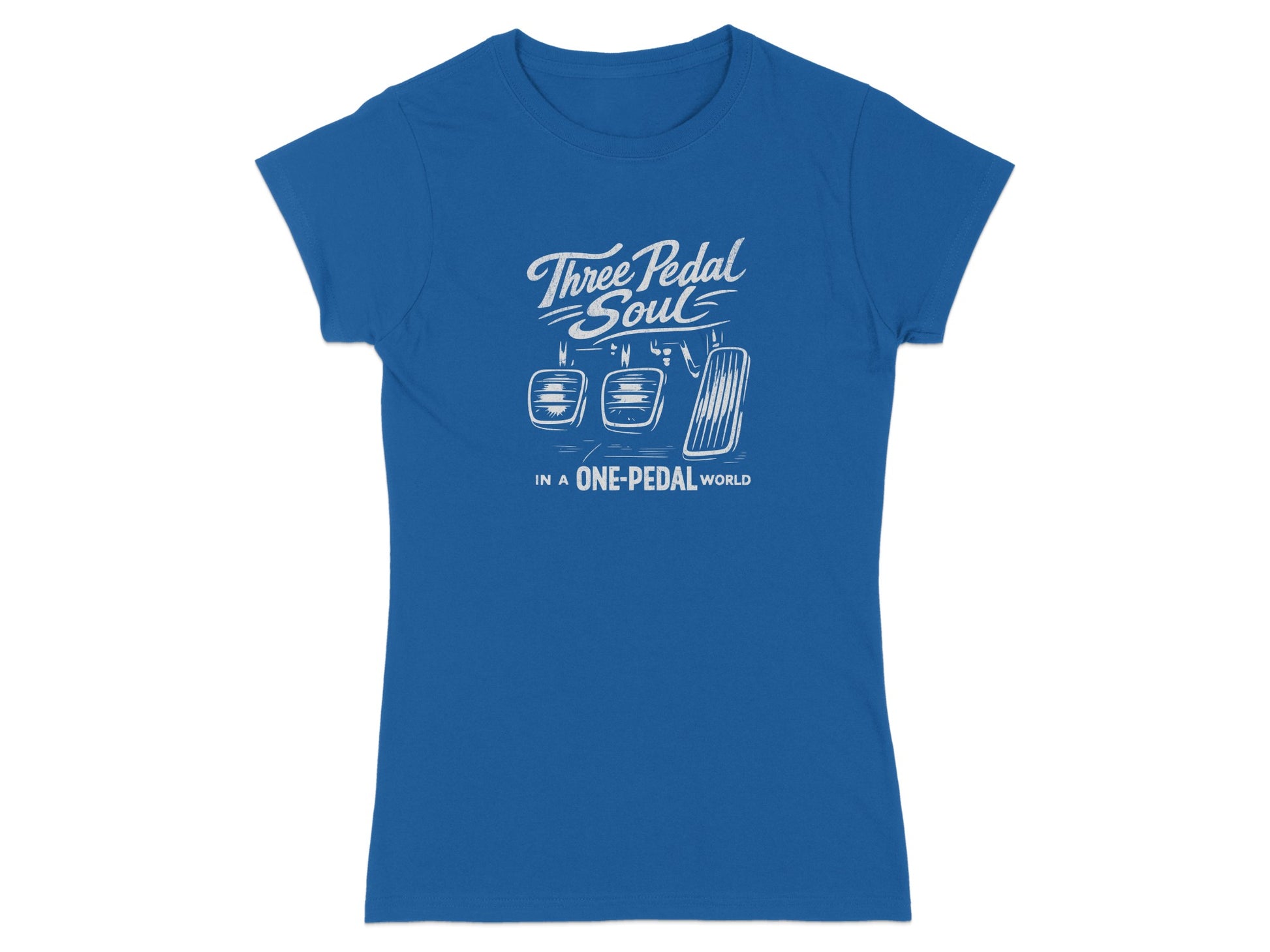 Blue t-shirt with "Three Pedal Soul" and pedal graphic.