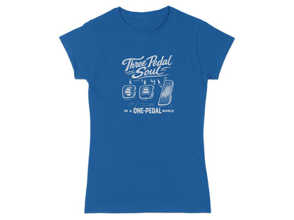 Blue t-shirt with "Three Pedal Soul" and pedal graphic.