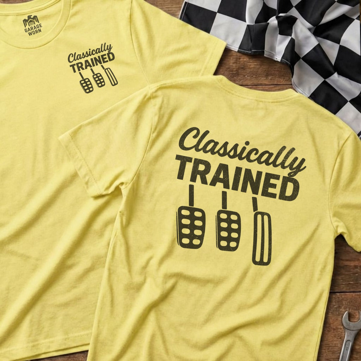 Yellow t-shirts with "Classically Trained" and pedal graphic on back.