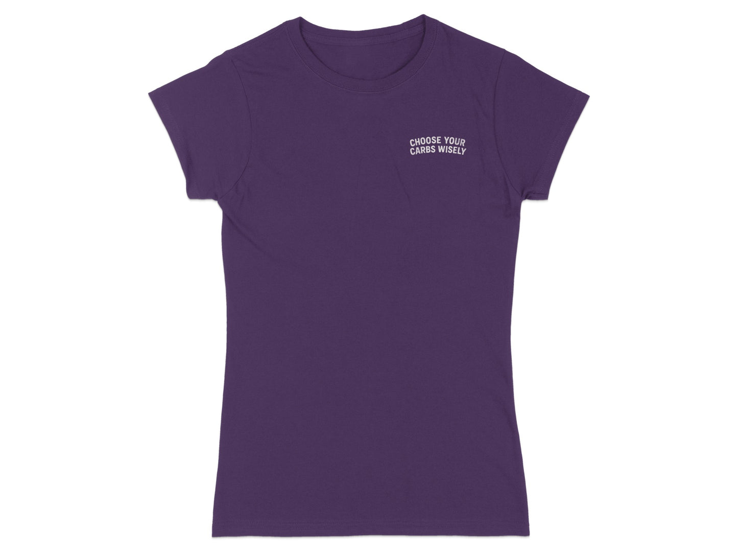 Purple t-shirt with "CHOOSE YOUR CARBS WISELY" text on left chest.
