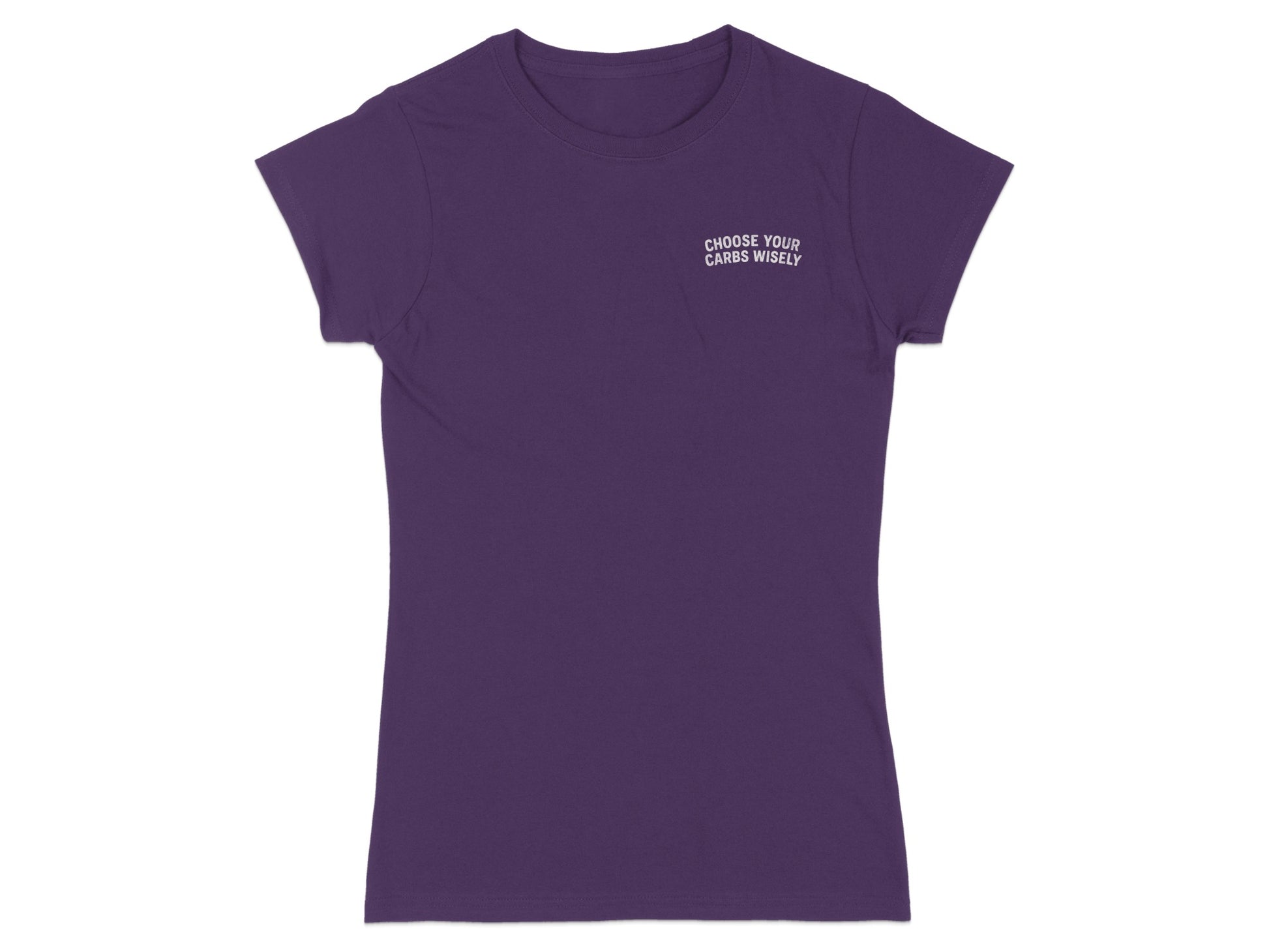 Purple t-shirt with "CHOOSE YOUR CARBS WISELY" text on left chest.
