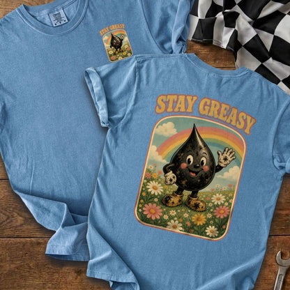Blue t-shirt with a cartoon character and "STAY GREASY" text.
