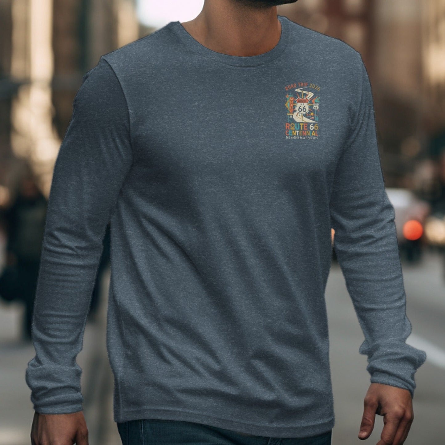 Long sleeve grey t-shirt with Route 66 Centennial Road Trip 2026 graphic.