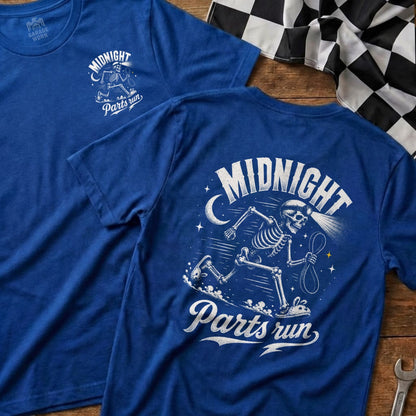 Blue t-shirt with skeleton running at "Midnight Parts Run" graphic and checkered flag.