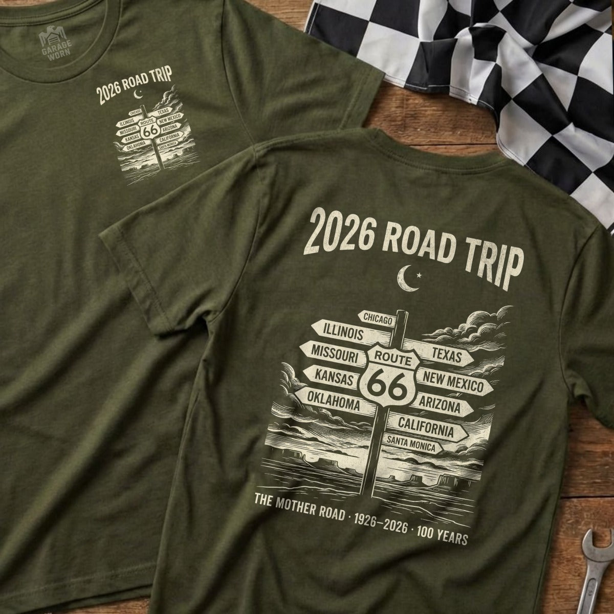Green t-shirt with "2026 Road Trip" and Route 66 signpost graphic.