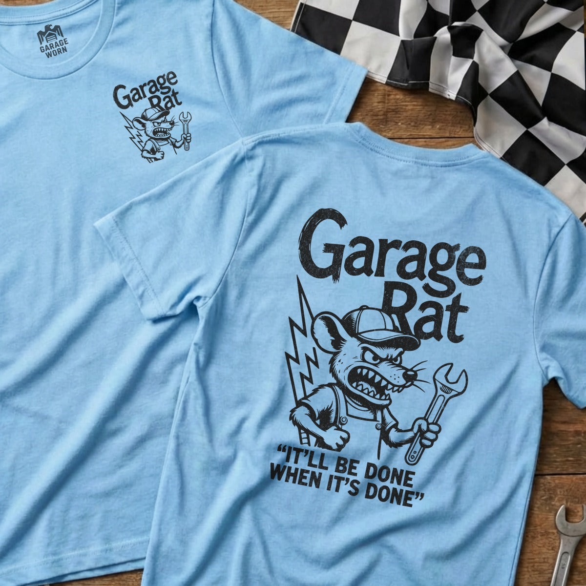 Light blue t-shirt with "Garage Rat" logo and slogan, featuring a cartoon rat with a wrench.