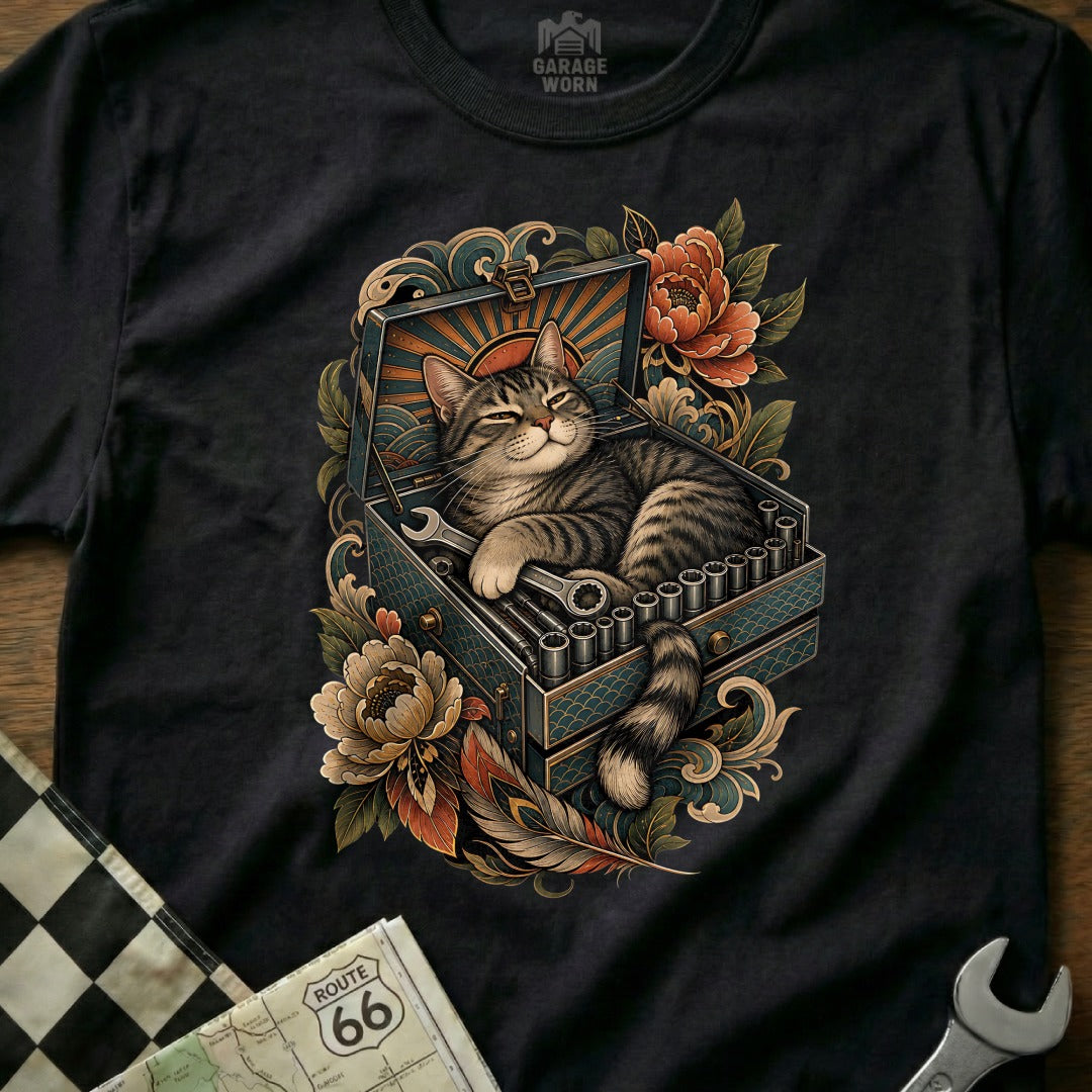 Tabby cat sleeping in a toolbox with wrenches and flowers.